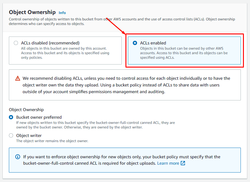 Select ACLs enabled on S3 settings