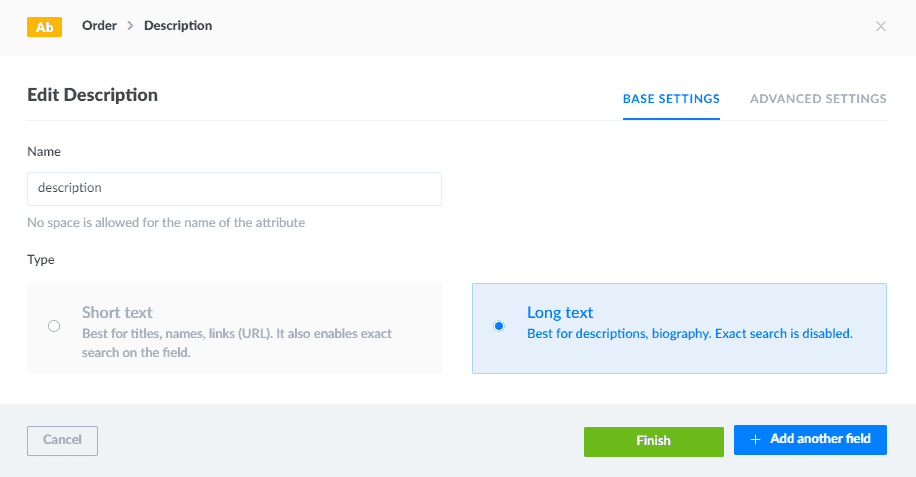 Formulário de criação do field description