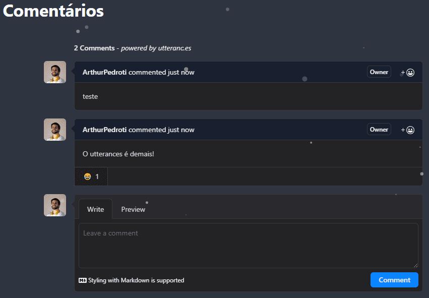 Sessão de comentários com o utterences