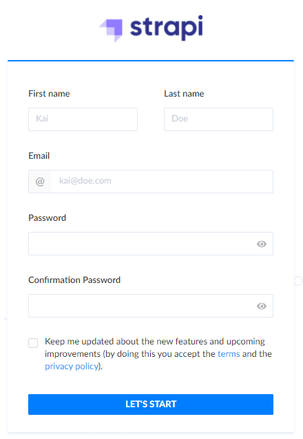 Formulário de cadastro do usuário administrador